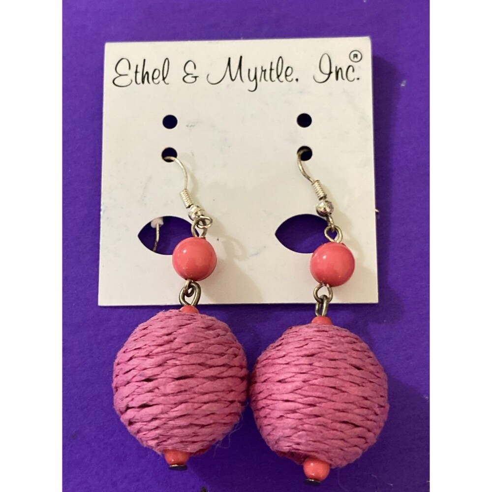 Vintage Ethel & Myrtle Pink Cord Wrapped Bead Dangle Earrings Original Card